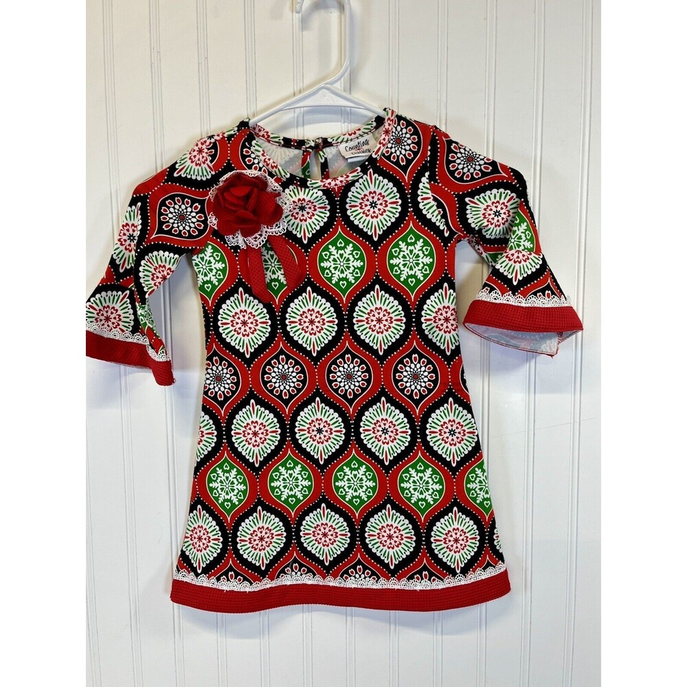 Counting Daisies Holiday Christmas‎ Ornament Dress 4T Bell Sleeves W/ Lace Trim